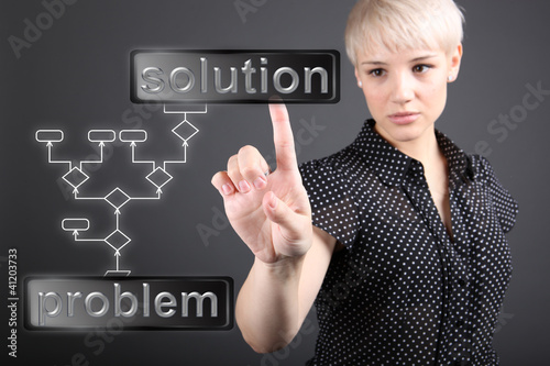 Photo: Problem solving concept - business woman touching screen Problem solving concept - business woman touching screen