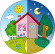 Casa di campagna giorno e notte, illustrazione per bambini. Casa di campagna giorno e notte, illustrazione per bambini.