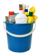 detergent bottles, brushes, gloves and sponges in bucket
