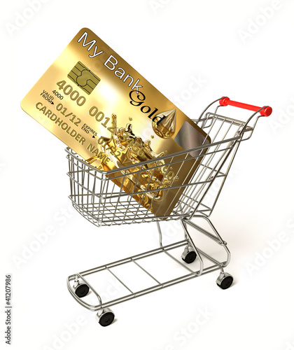 Illustration: Gold credit card on a shopping cart Gold credit card on a shopping cart