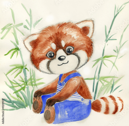 Illustration: Piccolo panda rosso con pantaloni blu. Acquerello per bambini. Piccolo panda rosso con pantaloni blu. Acquerello per bambini.