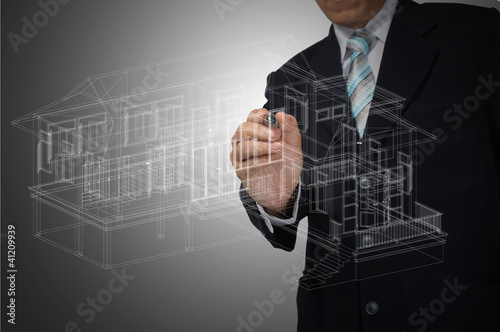 Illustration: Hand of Business Man Draw 3D architect or home plan Hand of Business Man Draw 3D architect or home plan