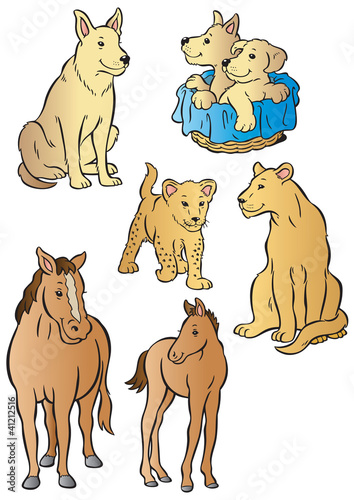 Vector: Mother & baby dog, horse & lioness Mother & baby dog, horse & lioness
