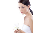 serioulsy woman holding lily flower serioulsy woman holding lily flower