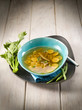 miso soup with green beans zucchinis and celery, vegetarian food