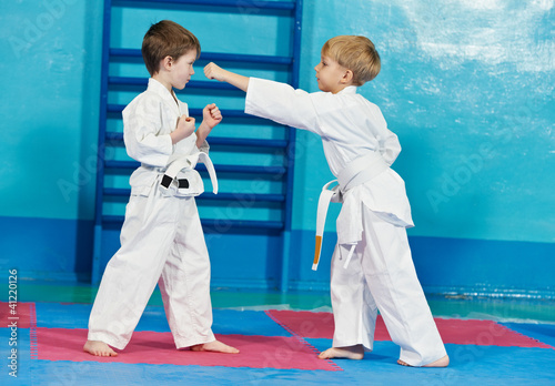 Photo: two boys make karate exercises two boys make karate exercises
