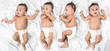 Baby in 4 different expressions on white satin background
