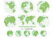 Collection of green vector globes with world map