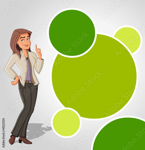 Vector: Green template with cartoon woman. Presentation screen. Green template with cartoon woman. Presentation screen.