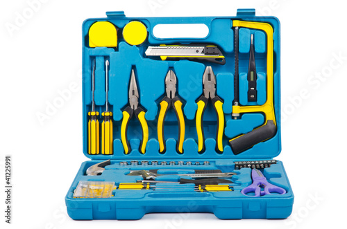 Photo: Toolkit with many tools isolated on white Toolkit with many tools isolated on white