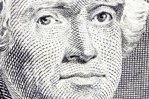 Photo: Macro of Thomas Jefferson on the US two dollar bill. Macro of Thomas Jefferson on the US two dollar bill.