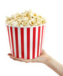Popcorn in red and white cardboard box for cinema