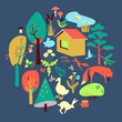 Eco-house in forest and its inhabitants. Poster, card, banner