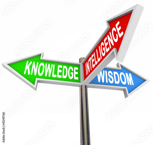 Illustration: Knowledge Intelligence Wisdom Words on Arrow Signs Knowledge Intelligence Wisdom Words on Arrow Signs