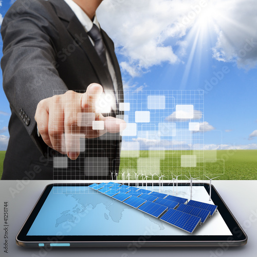 Illustration: business man work with virtual green business business man work with virtual green business
