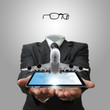 invisible business man shows tablet computer with aircraft as co