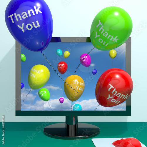 Illustration: Thank You Balloons Coming From Computer As Online Thanks Message Thank You Balloons Coming From Computer As Online Thanks Message