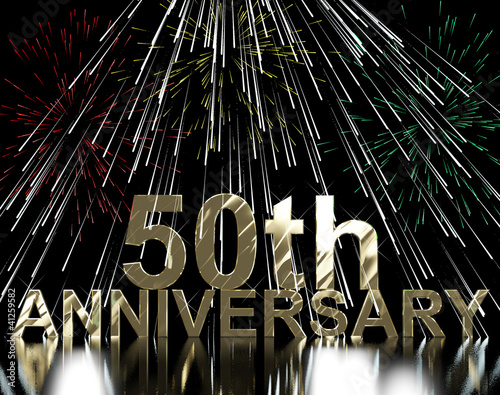 Illustration: Gold 50th Anniversity With Fireworks For Fiftieth Celebration Or Gold 50th Anniversity With Fireworks For Fiftieth Celebration Or