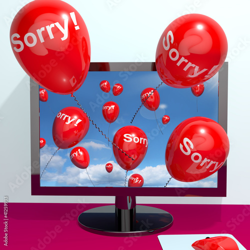Illustration: Sorry Balloons From Computer Showing Online Apology Regret Or Re Sorry Balloons From Computer Showing Online Apology Regret Or Re