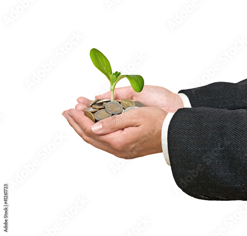 Photo: Palms with a seedling growing from pile of coins Palms with a seedling growing from pile of coins