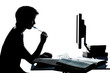 one young teenager boy  girl silhouette studying with computer c