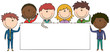 Cheerful multiethnic kids holding empty blank banners Cheerful multiethnic kids holding empty blank banners