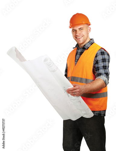 Photo: A young construcation worker with a draft, A young construcation worker with a draft,