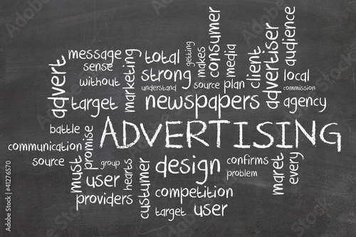 Illustration: Advertising word cloud on chalkboard Advertising word cloud on chalkboard