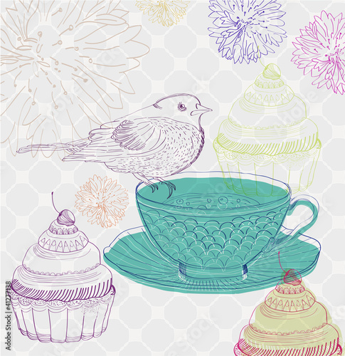 Vector: tea time background with cupcakes and bird tea time background with cupcakes and bird