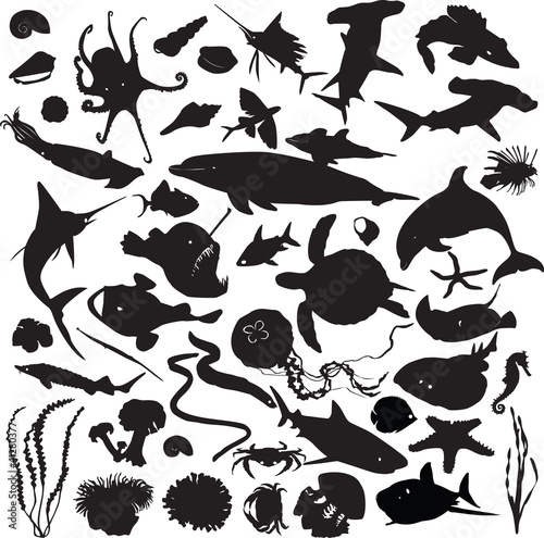 Vector: set of silhouettes of marine inhabitants set of silhouettes of marine inhabitants
