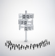 Tiny people standing around a megaphone pole