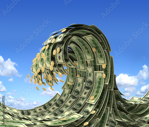 Photo: Dollars wave over blue sky Dollars wave over blue sky