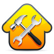Hammer and wrench over construction sign.