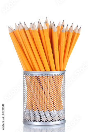 Photo: lead pencils in metal cup isolated on white lead pencils in metal cup isolated on white