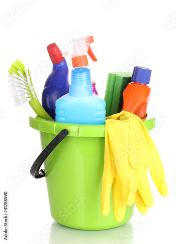 Photo: Cleaning items in bucket isolated on white Cleaning items in bucket isolated on white