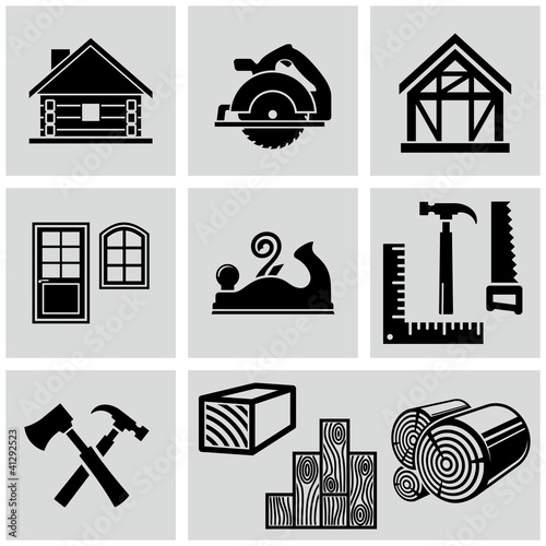 Vector: Woodworking and timber house construction related icons set. Woodworking and timber house construction related icons set.
