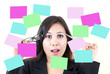 Business lady thinking with sticky note. Business lady thinking with sticky note.