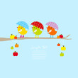 3 Birds With Umbrella On Tree With Apples Blue