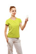 Pensive young woman looking at energy-saving bulb