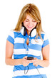 Woman listening to music on cell phone Woman listening to music on cell phone