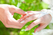 Hands of the groom and the bride with wedding rings