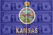 US state of kansas flag with transparent dollar banknotes in bac