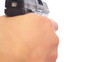 Hand with gun on white Shot from a gun