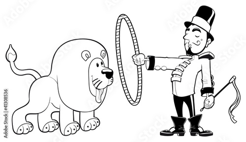 Vector: Lion Tamer with lion. Vector black and white illustration. Lion Tamer with lion. Vector black and white illustration.