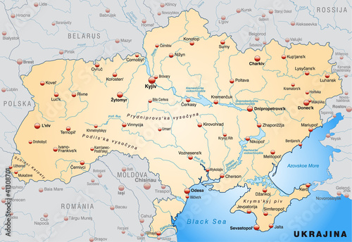 Vektor: Landkarte der Ukraine mit Hauptstädten Landkarte der Ukraine mit Hauptstädten