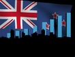 Auckland skyline and graph over New Zealand flag illustration