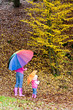 mother and her daughter with umbrellas in autumnal nature