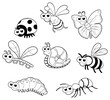 Bugs + 1 snail. Isolated black and white characters.