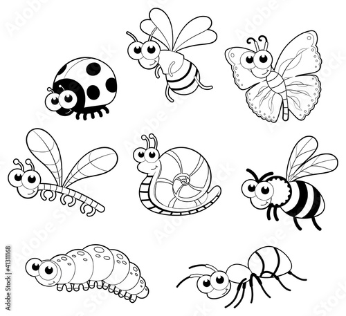 Vector: Bugs + 1 snail. Isolated black and white characters. Bugs + 1 snail. Isolated black and white characters.