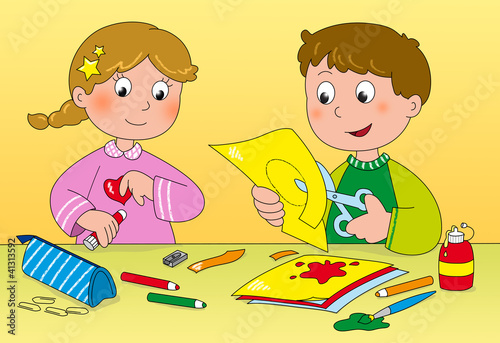Illustration: Bambini che giocano con carta, forbici, colla e pennelli. Bambini che giocano con carta, forbici, colla e pennelli.